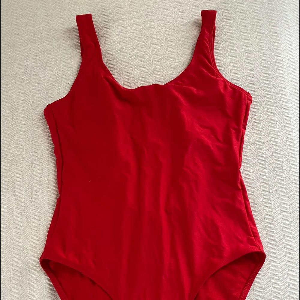 Bright red one piece bathing suit